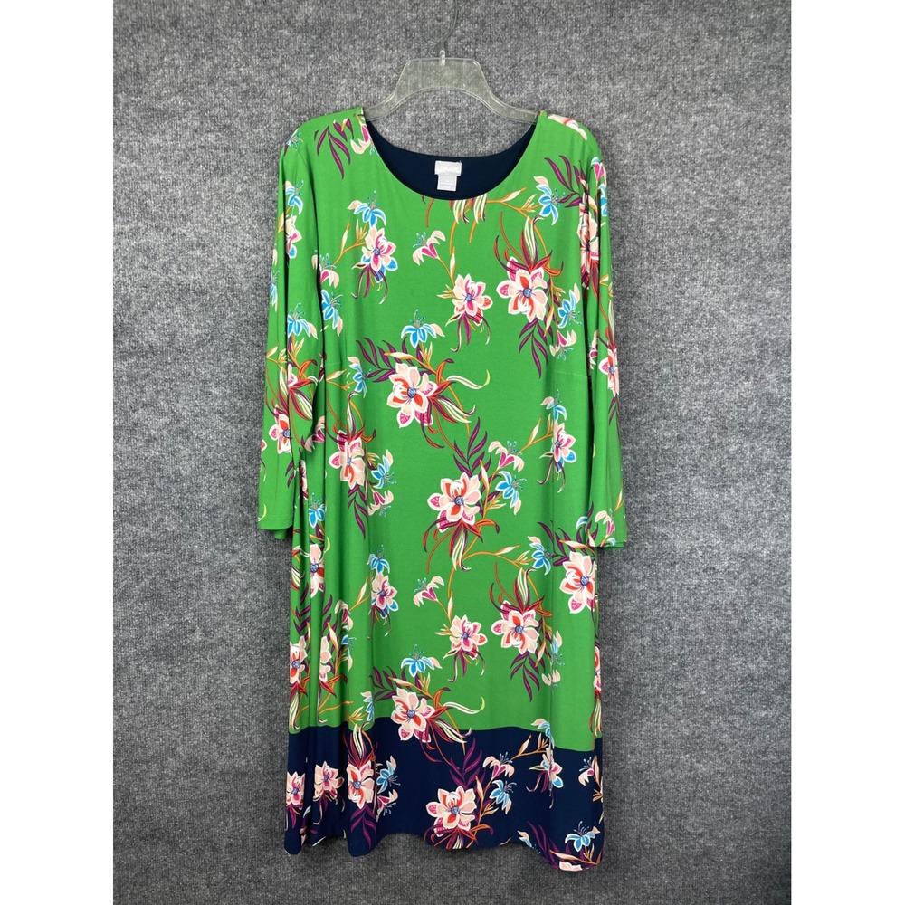 Chico's Shift Dress Women's 4 20-22 Green Navy Blue Floral 3/4 Sleeve Knee